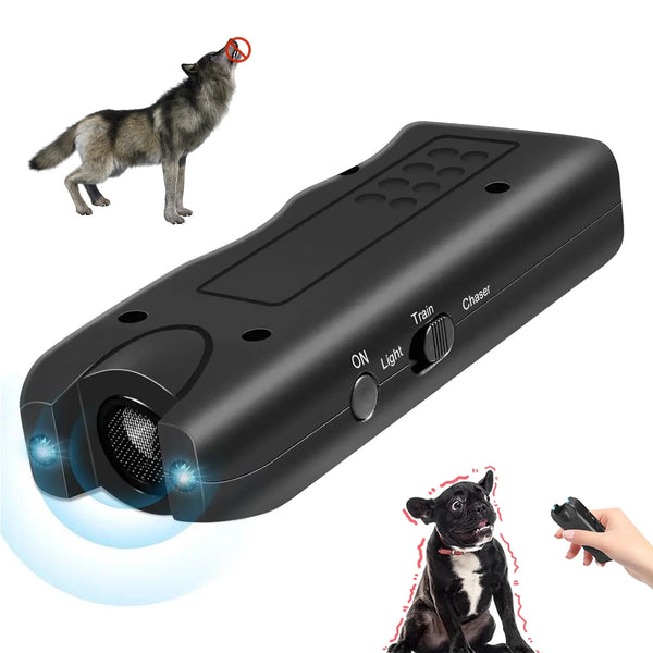 Ultrasonic dog training device shown with dog