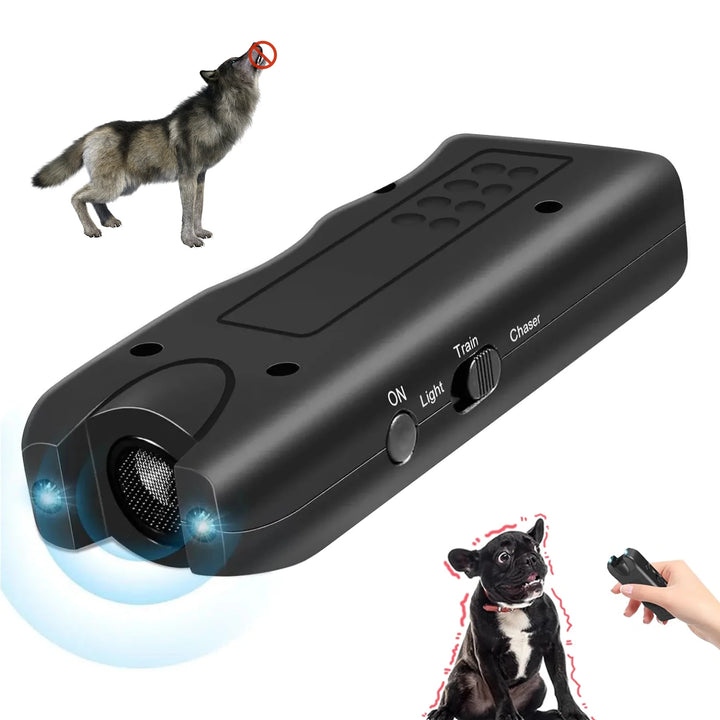 Ultrasonic dog training device shown with dog