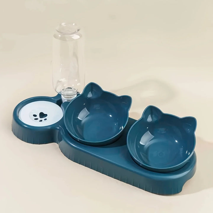 Blue cat and dog bowl set with two bowls and a water dispenser